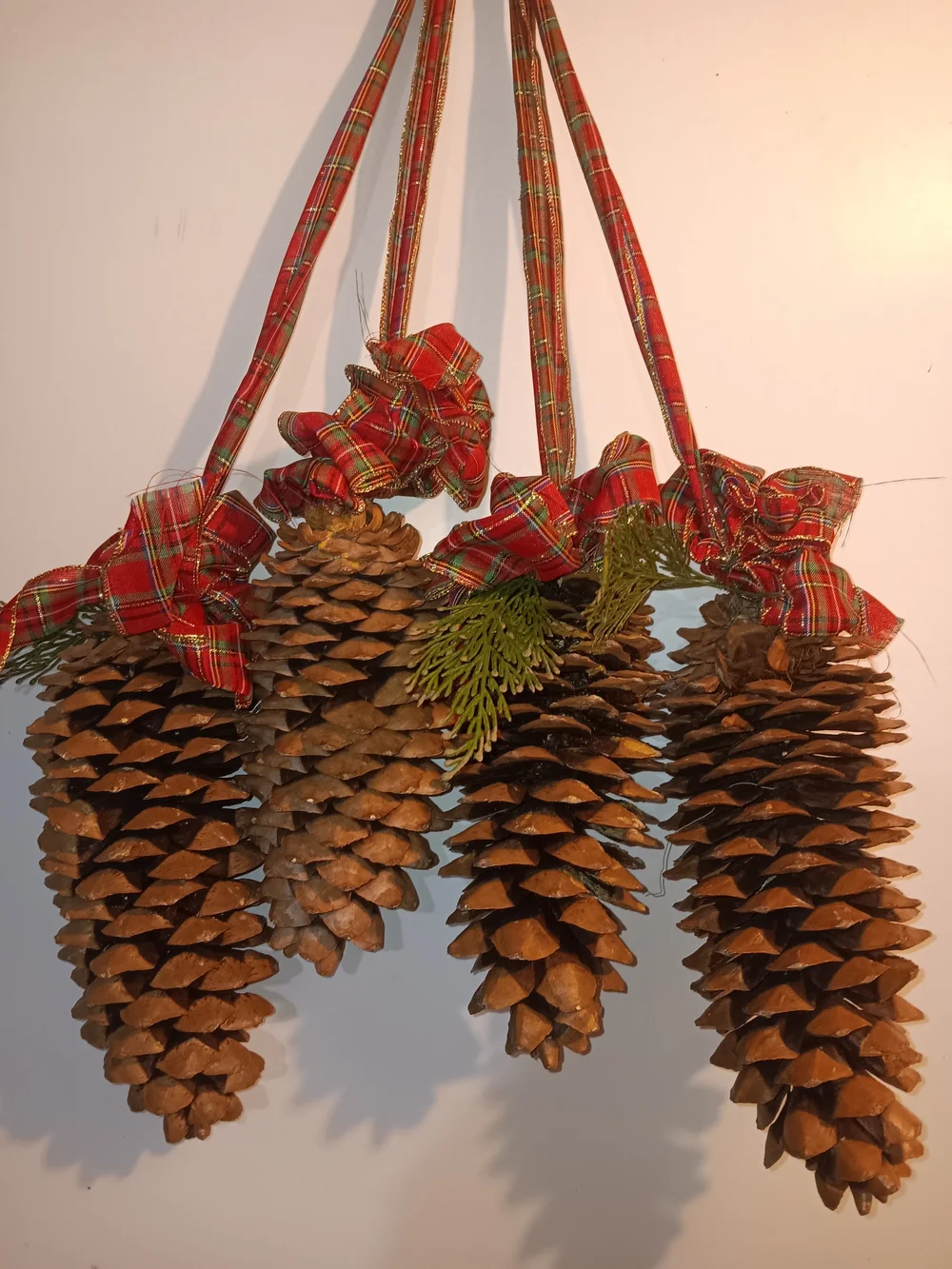 4 Natural Brown Sugar Pinecone Holiday Hanging Ornament with Red Plaid Ribbon